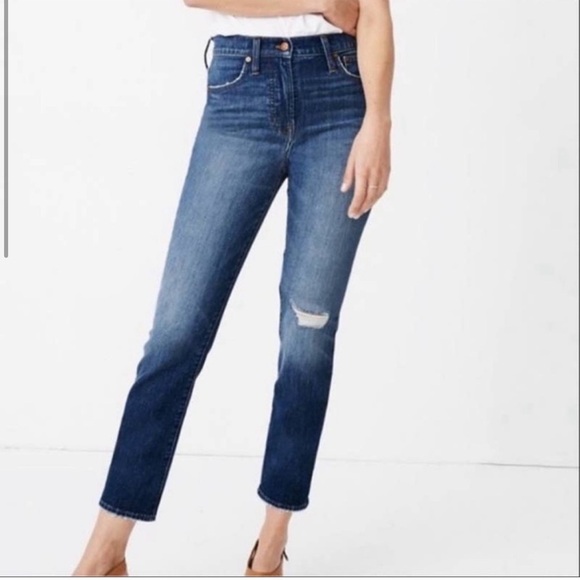 MADEWELL The Classic Straight Jean Medium Wash Distressed Size 24 Busted Knee - Picture 1 of 16